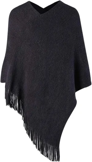Womens Poncho Sweater V Neck Knitted Pullover Shawls Wraps Capes with Fringes Gifts for Women Mom