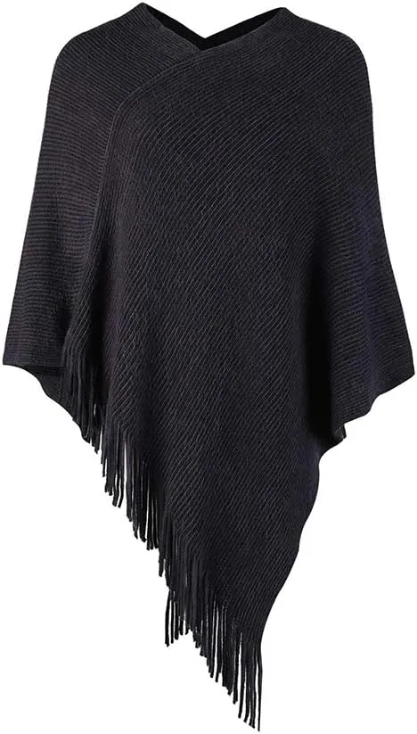 Womens Poncho Sweater V Neck Knitted Pullover Shawls Wraps Capes with Fringes Gifts for Women Mom