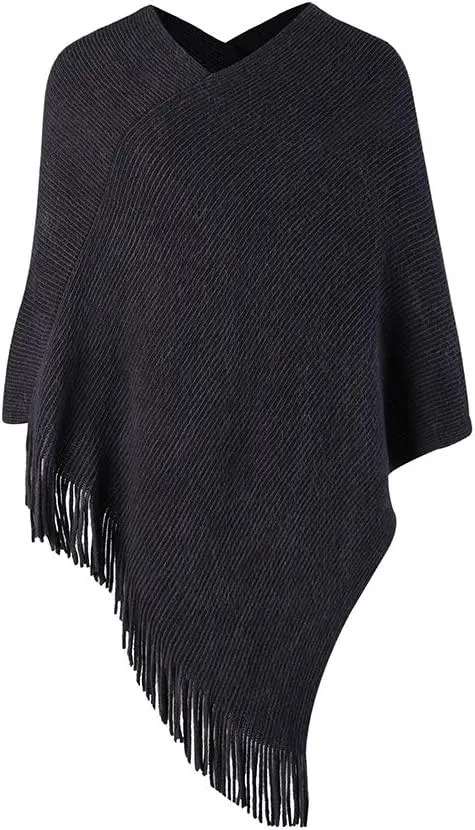 Womens Poncho Sweater V Neck Knitted Pullover Shawls Wraps Capes with Fringes Gifts for Women Mom
