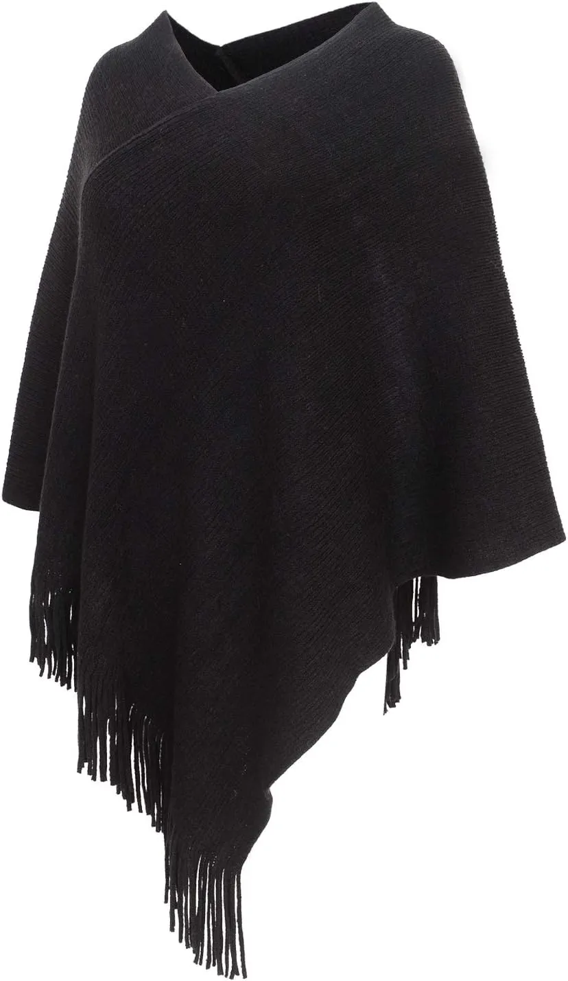 Womens Poncho Sweater V Neck Knitted Pullover Shawls Wraps Capes with Fringes Gifts for Women Mom