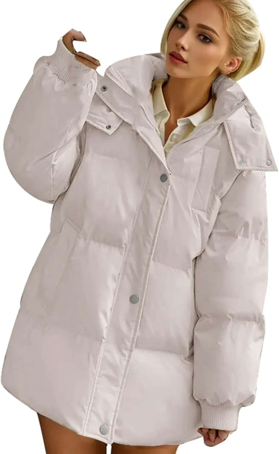 Women's Puffer Down Jacket Lightweight Quilted Jackets Oversized Mid Length Thickened Hoodie Winter Coat with Pockets