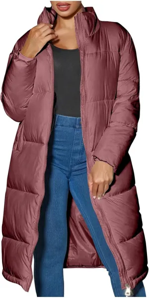 Womens Puffer Jacket Hooded Stand Collar Zip Up Long Down Coat Thickened Warm Winter Down Quilted Coat with Pockets