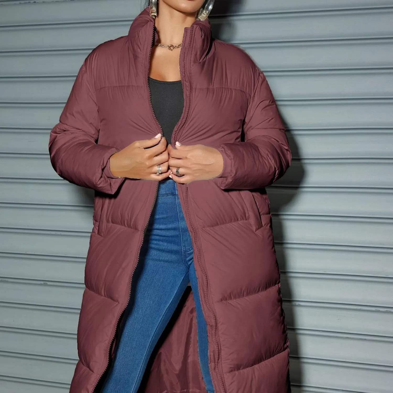 Womens Puffer Jacket Hooded Stand Collar Zip Up Long Down Coat Thickened Warm Winter Down Quilted Coat with Pockets