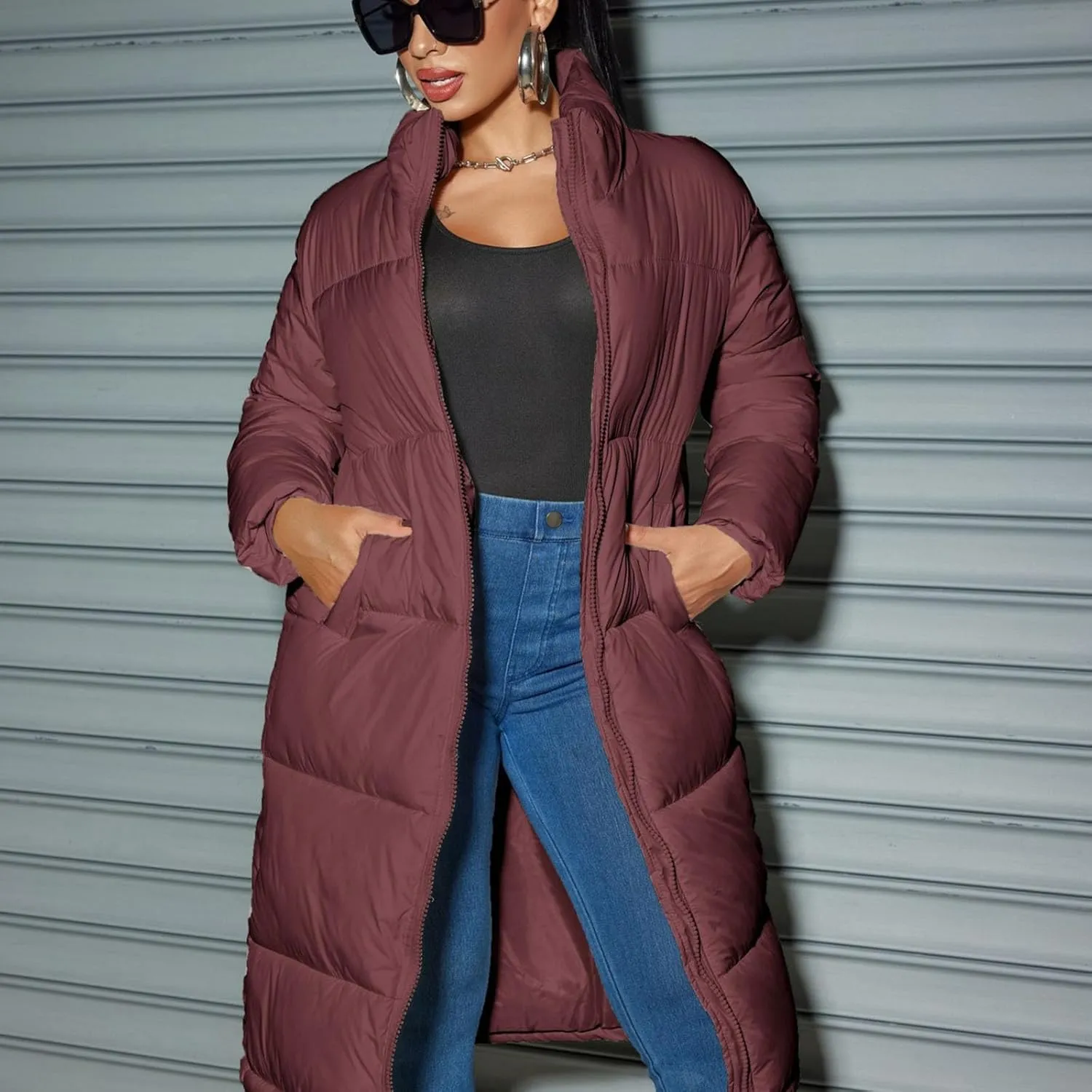 Womens Puffer Jacket Hooded Stand Collar Zip Up Long Down Coat Thickened Warm Winter Down Quilted Coat with Pockets