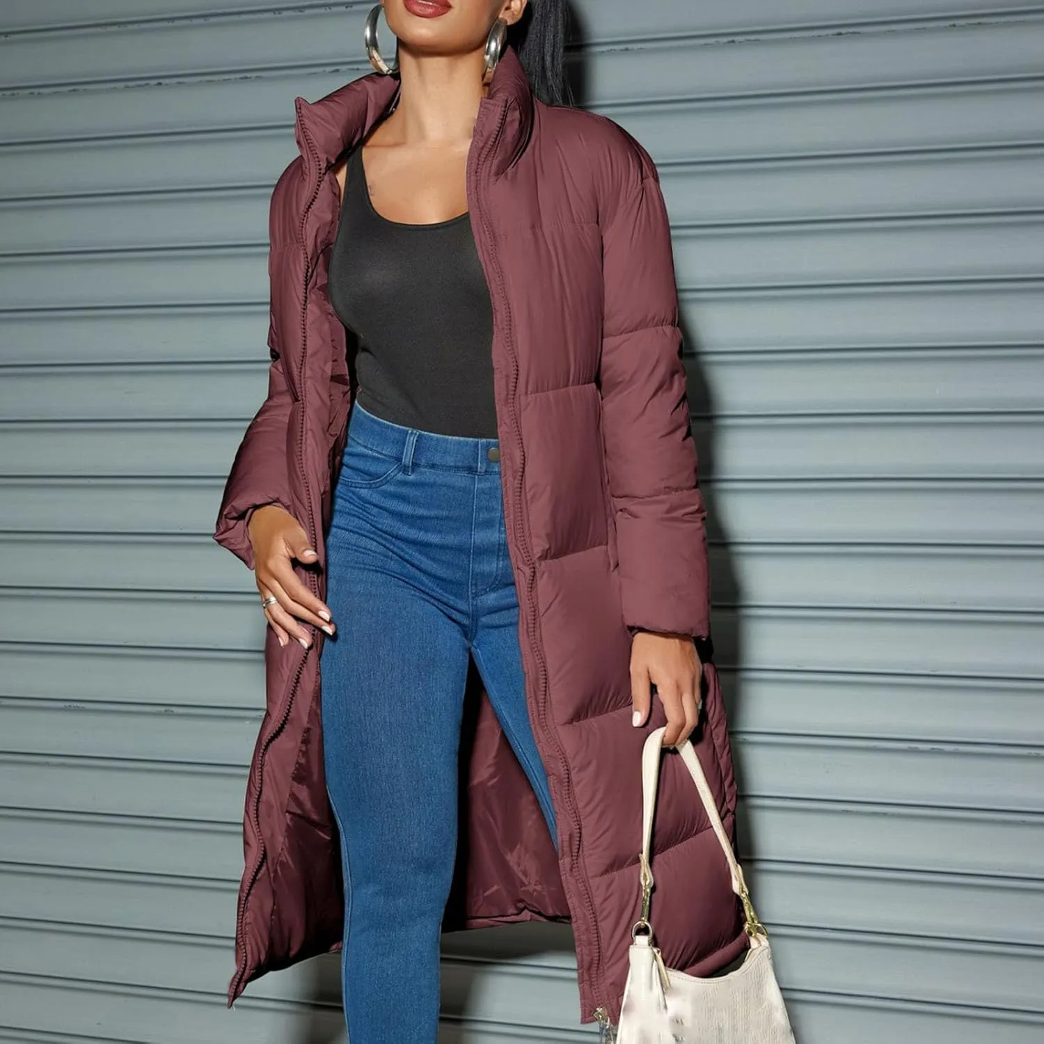 Womens Puffer Jacket Hooded Stand Collar Zip Up Long Down Coat Thickened Warm Winter Down Quilted Coat with Pockets