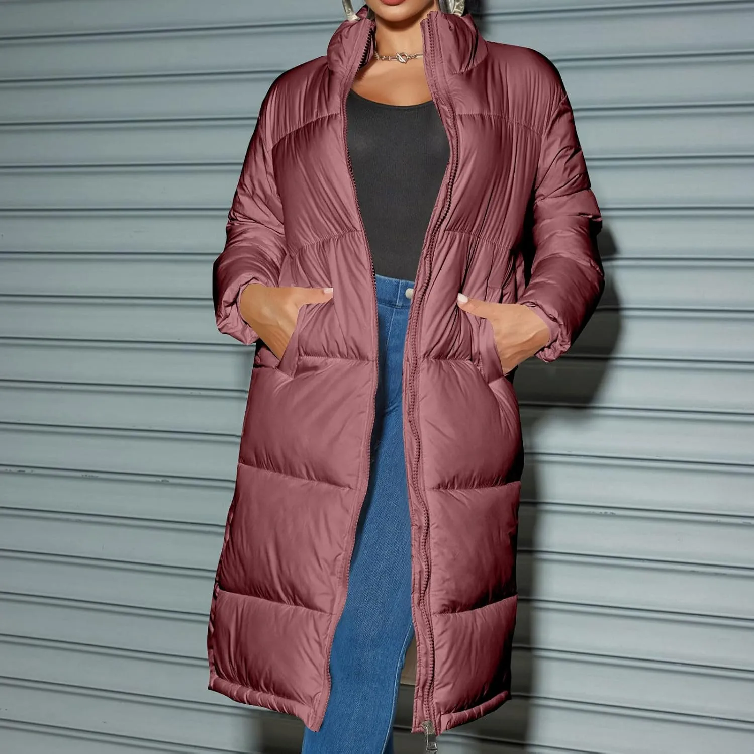 Womens Puffer Jacket Hooded Stand Collar Zip Up Long Down Coat Thickened Warm Winter Down Quilted Coat with Pockets