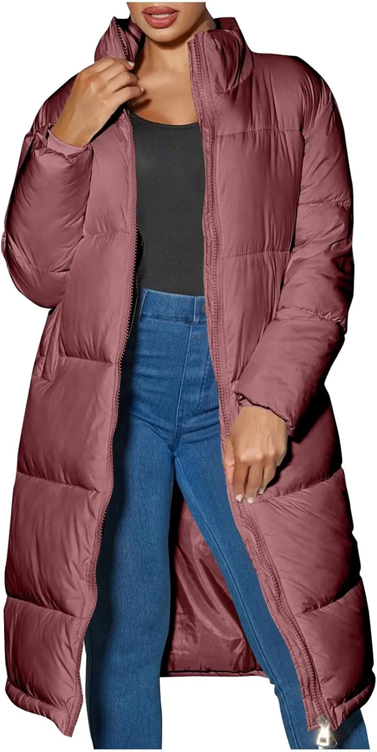 Womens Puffer Jacket Hooded Stand Collar Zip Up Long Down Coat Thickened Warm Winter Down Quilted Coat with Pockets