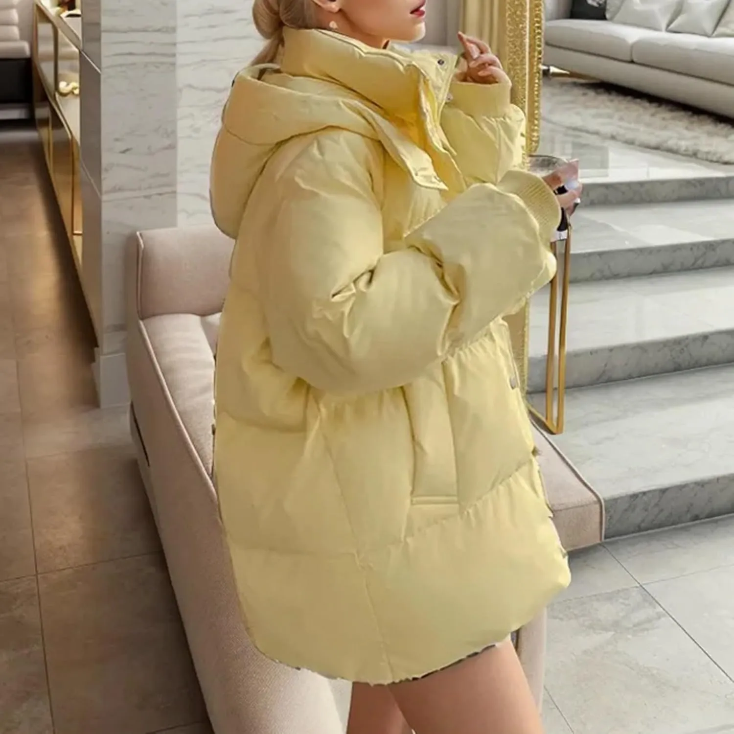 Women's Puffer Jacket Lightweight Quilted Down Jackets Oversized Mid Length Thickened Hoodie Winter Coat with Pockets