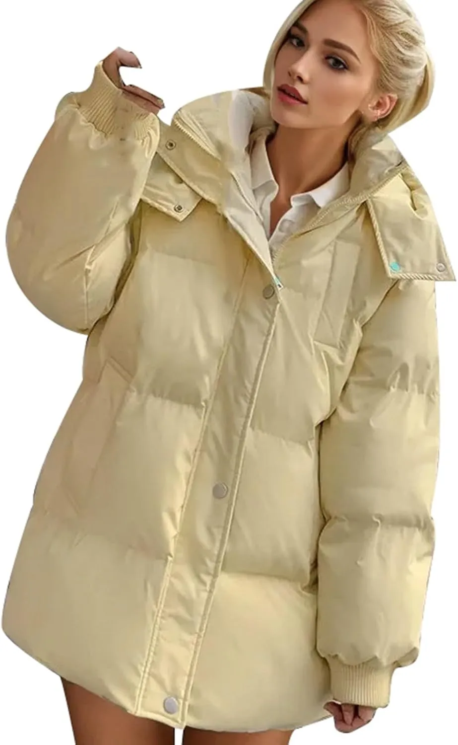 Women's Puffer Jacket Lightweight Quilted Down Jackets Oversized Mid Length Thickened Hoodie Winter Coat with Pockets