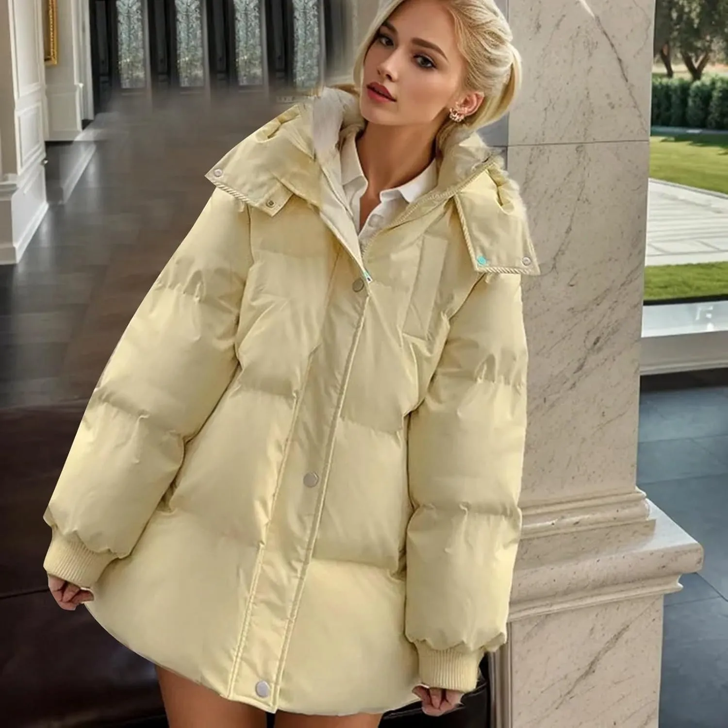 Women's Puffer Jacket Lightweight Quilted Down Jackets Oversized Mid Length Thickened Hoodie Winter Coat with Pockets