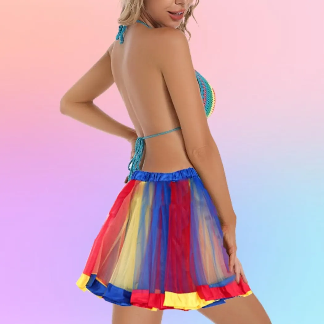 Womens Rainbow Tutu Skirt Layered Tulle Dance Skirts Elastic Adult Tutus Skirt for Halloween Costume Party Running