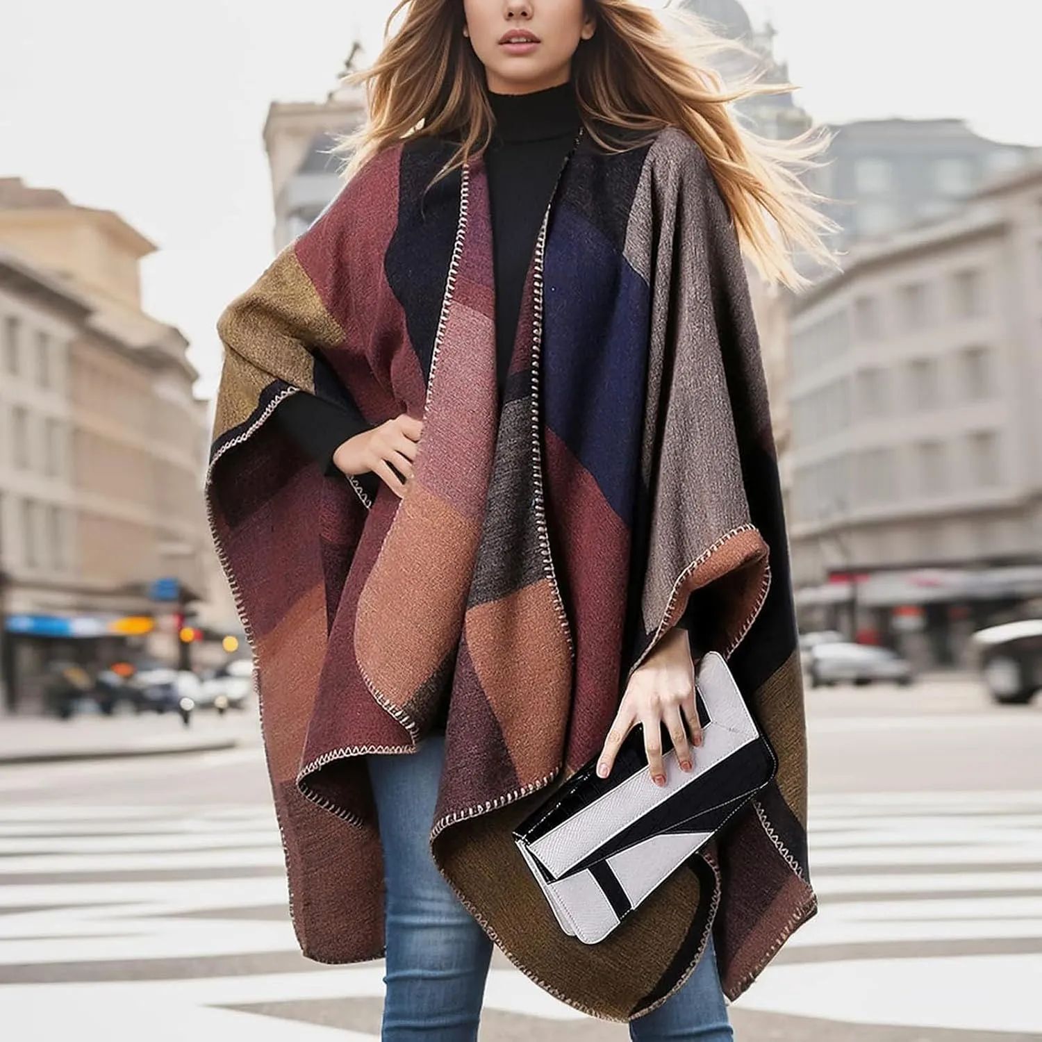 Women's Shawl Wraps Open Front Poncho Cape 2024 Oversized Sweaters Casual Cardigan Shawls for Fall Winter