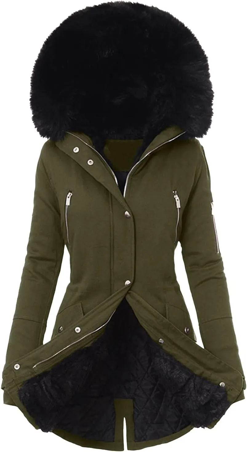 Women's Sherpa Lined Coat Zip Up Fleece Jacket Thermal Thicken Flannel Hood Overcoat with Pocket Winter Warm Outwear