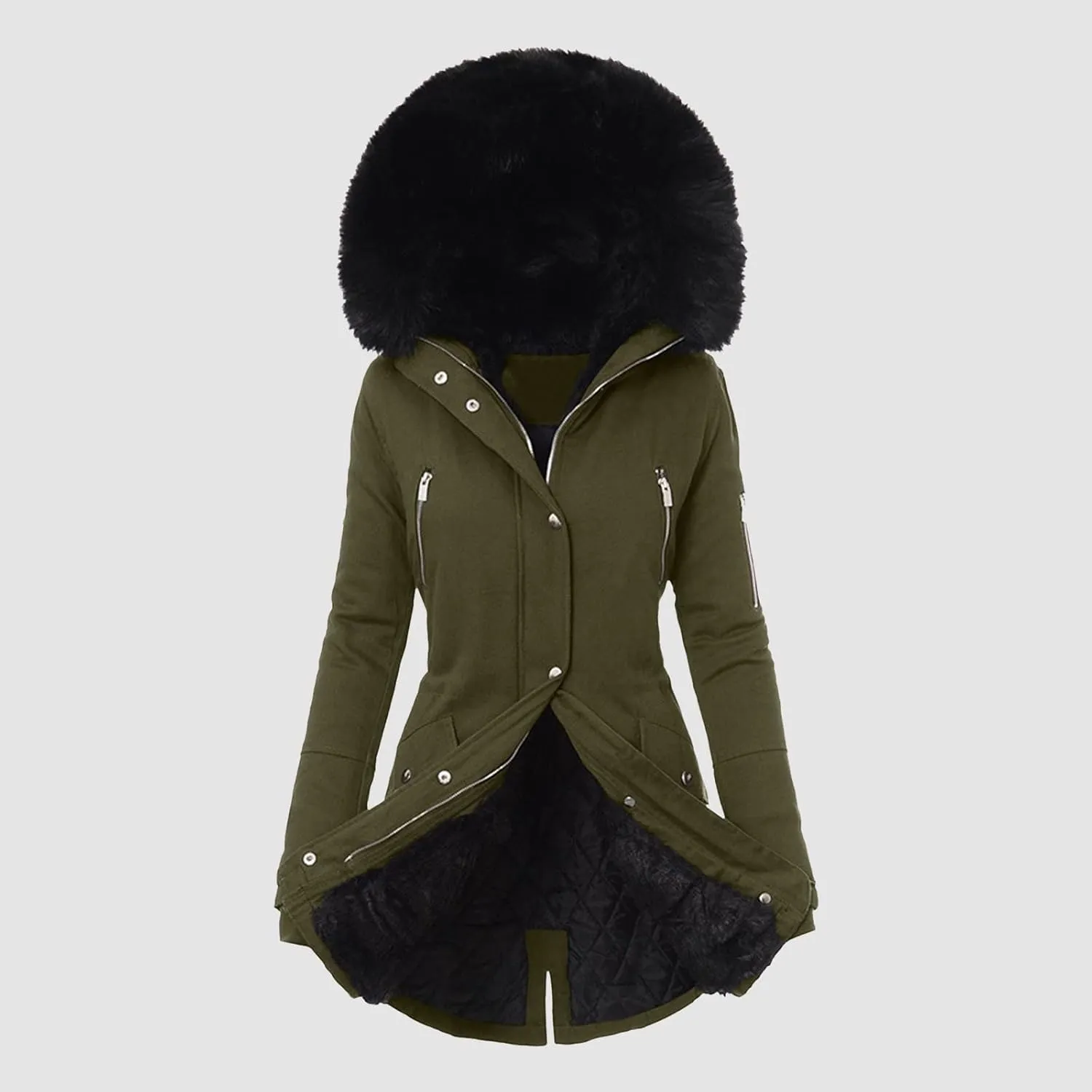 Women's Sherpa Lined Coat Zip Up Fleece Jacket Thermal Thicken Flannel Hood Overcoat with Pocket Winter Warm Outwear