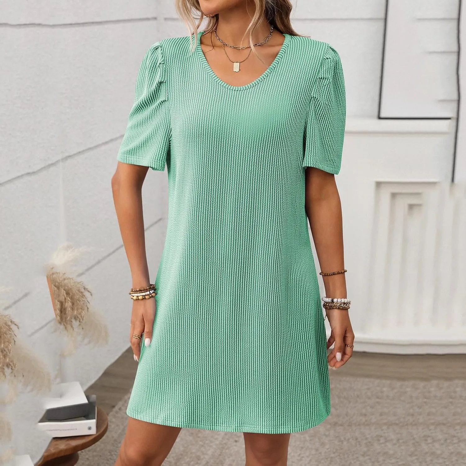 Womens Short Sleeve T-Shirt Dress Casual Basic Loose Summer Tunic Mini Dresses Round-Neck Swing A Line Beach Sundress