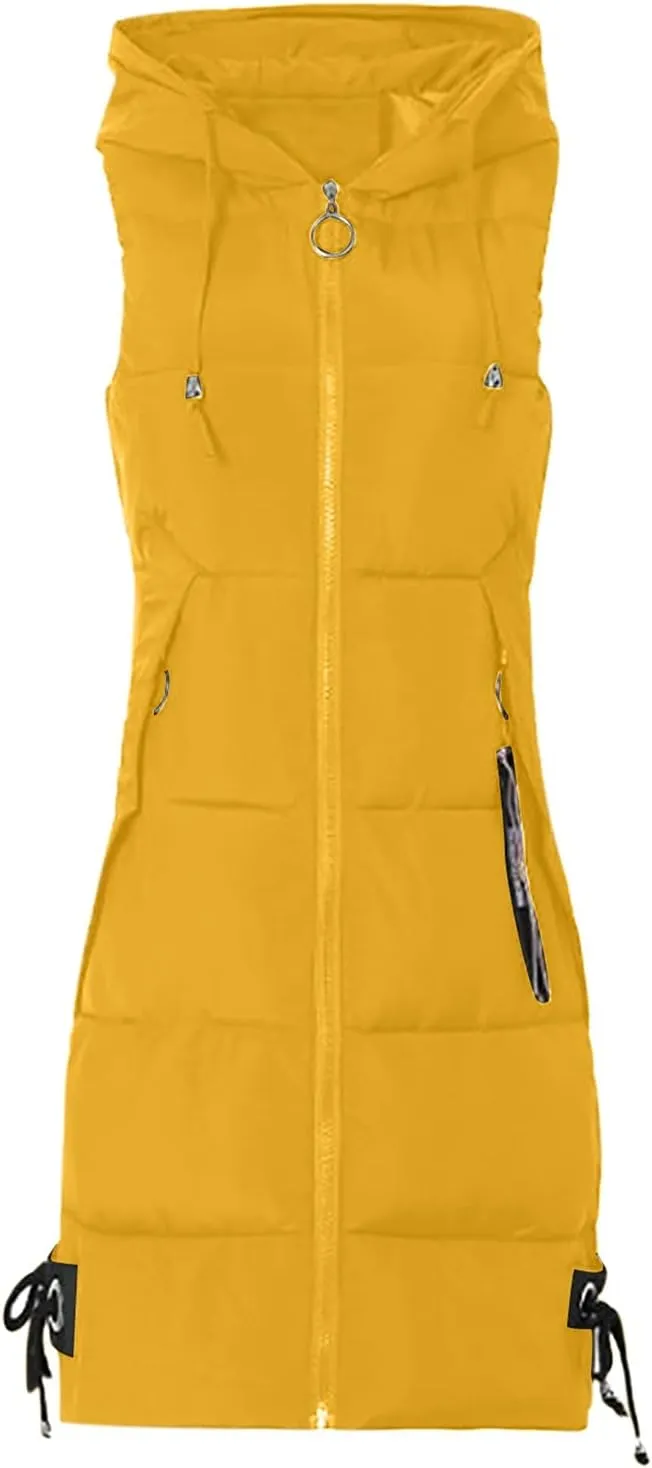 Womens Sleeveless Puffer Jacket Warm Winter Vest Coats Trendy Hooded Plain Down Jackets Zipper Long Outwear