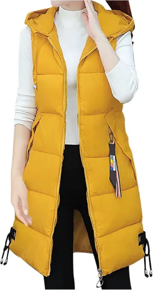 Womens Sleeveless Puffer Jacket Warm Winter Vest Coats Trendy Hooded Plain Down Jackets Zipper Long Outwear