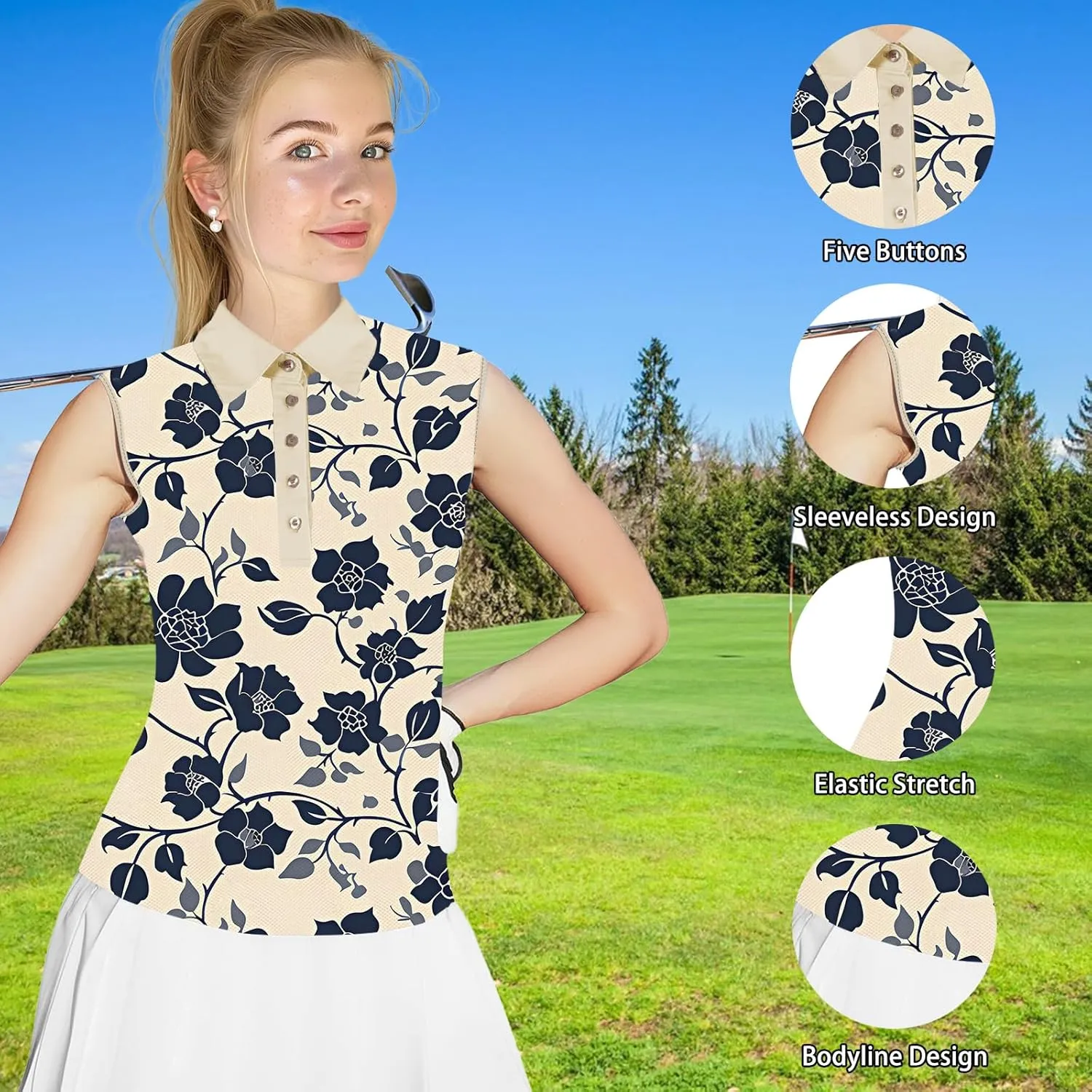 Women's Slim Fit Sleeveless Golf Polo Shirts Hawaiian Floral Moisture Wicking Tennis Tank Top with UPF 50  Protection