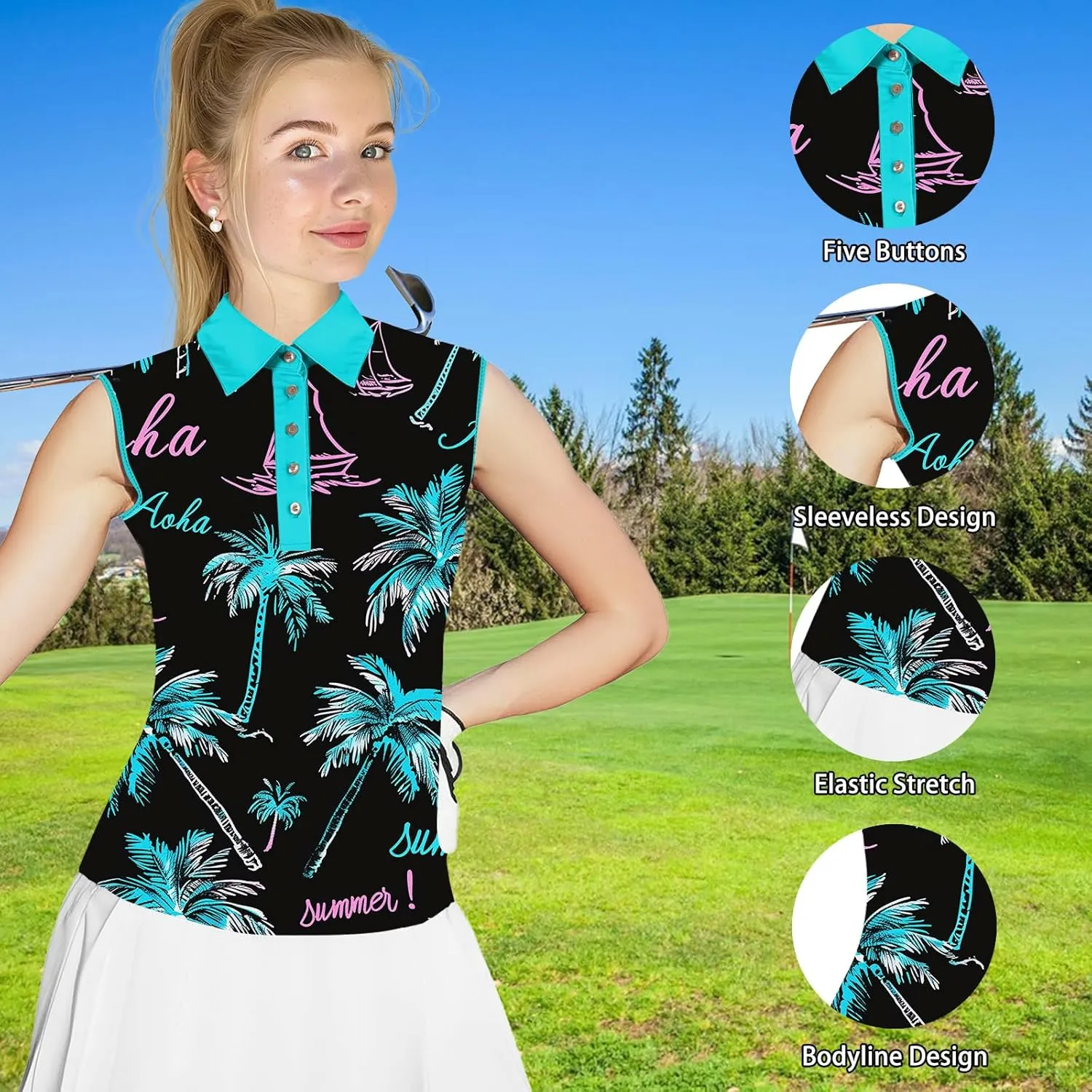 Women's Slim Fit Sleeveless Golf Polo Shirts Hawaiian Floral Moisture Wicking Tennis Tank Top with UPF 50  Protection