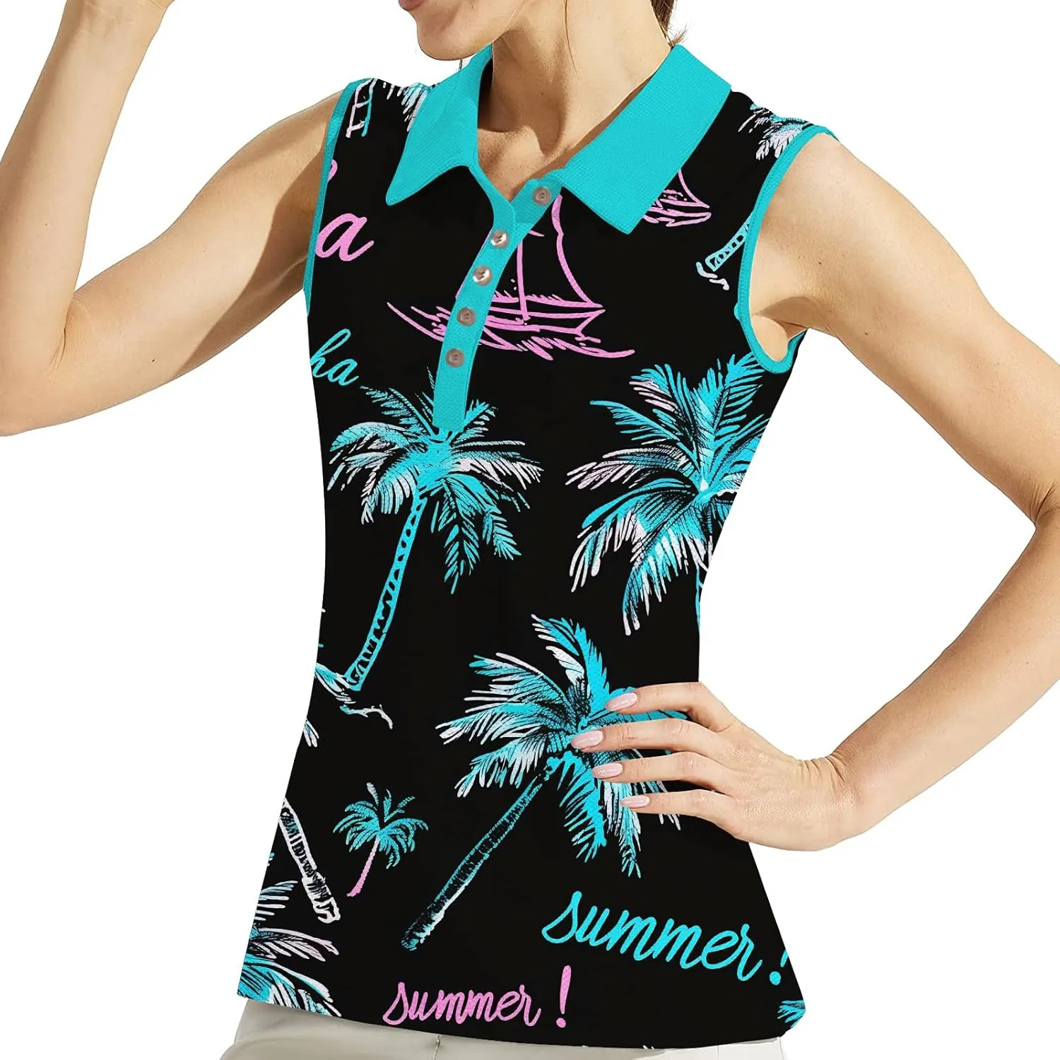 Women's Slim Fit Sleeveless Golf Polo Shirts Hawaiian Floral Moisture Wicking Tennis Tank Top with UPF 50  Protection