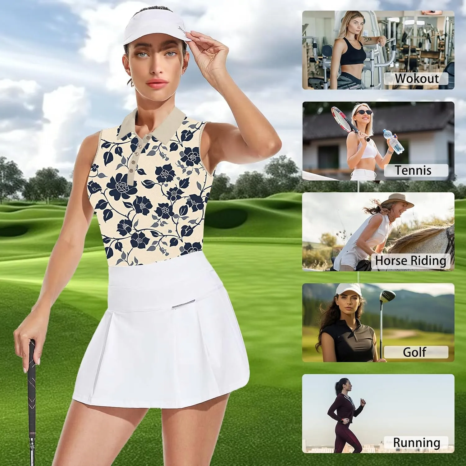 Women's Slim Fit Sleeveless Golf Polo Shirts Hawaiian Floral Moisture Wicking Tennis Tank Top with UPF 50  Protection