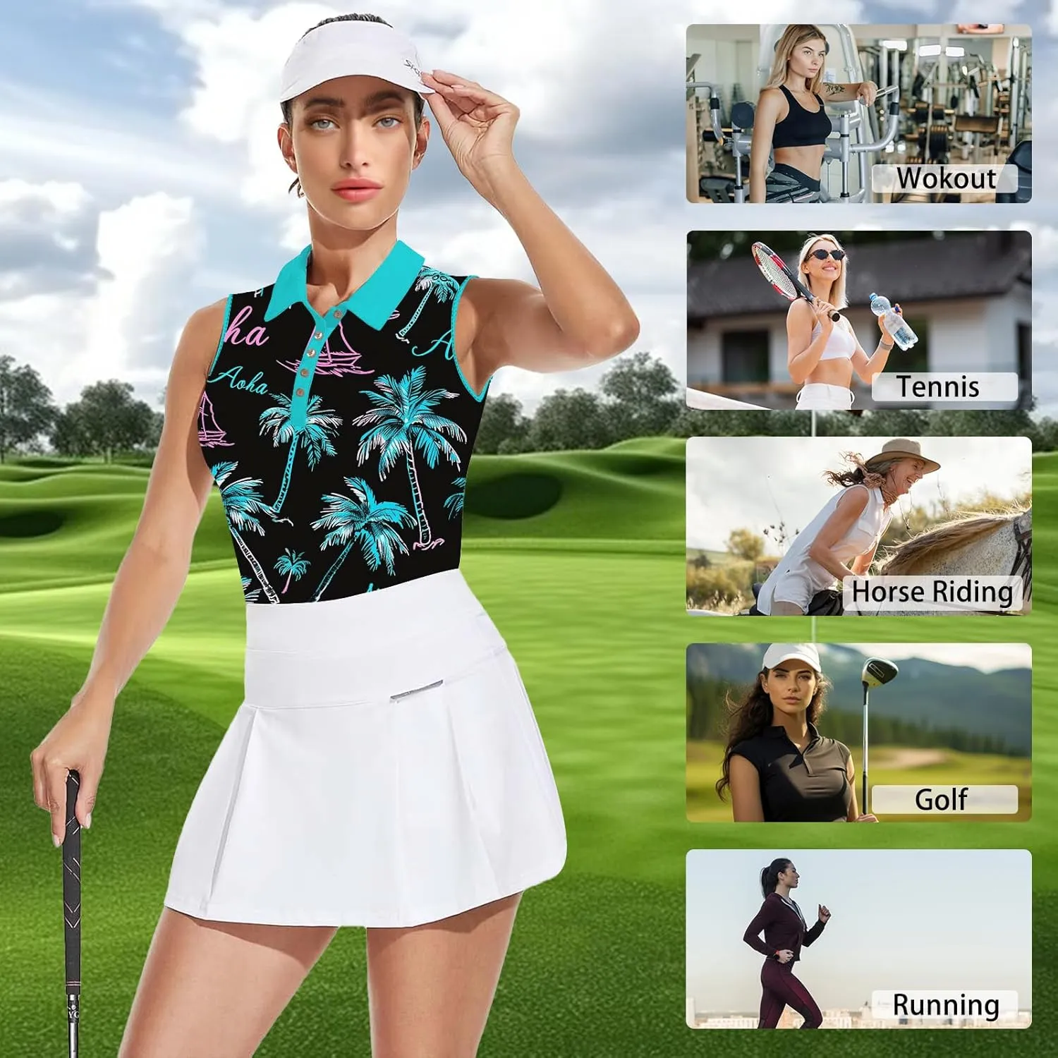 Women's Slim Fit Sleeveless Golf Polo Shirts Hawaiian Floral Moisture Wicking Tennis Tank Top with UPF 50  Protection