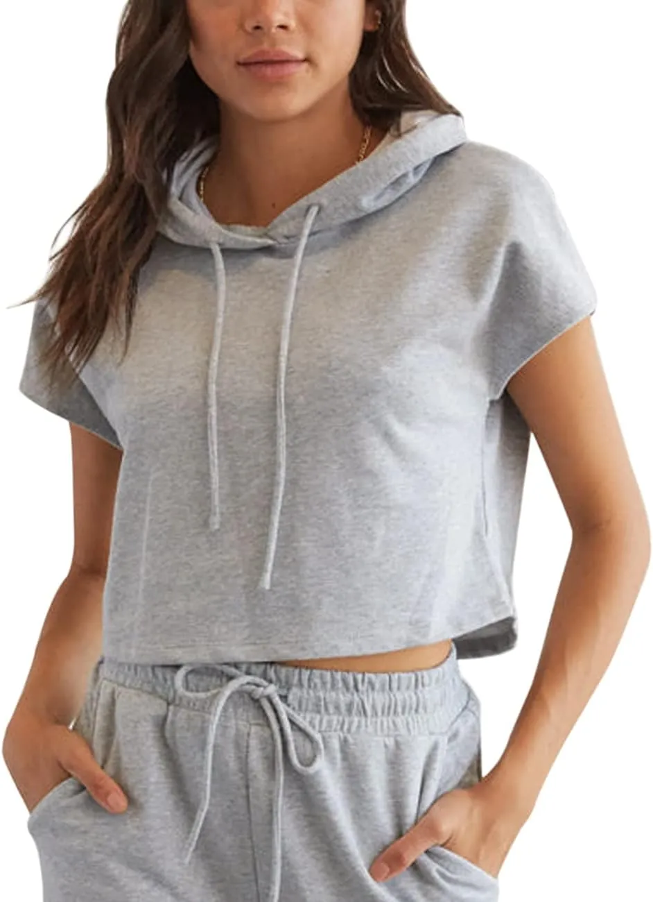 Women's Sports Cropped Hoodies Workout Fitness T-shirts Sweatshirt Drawstring Tops