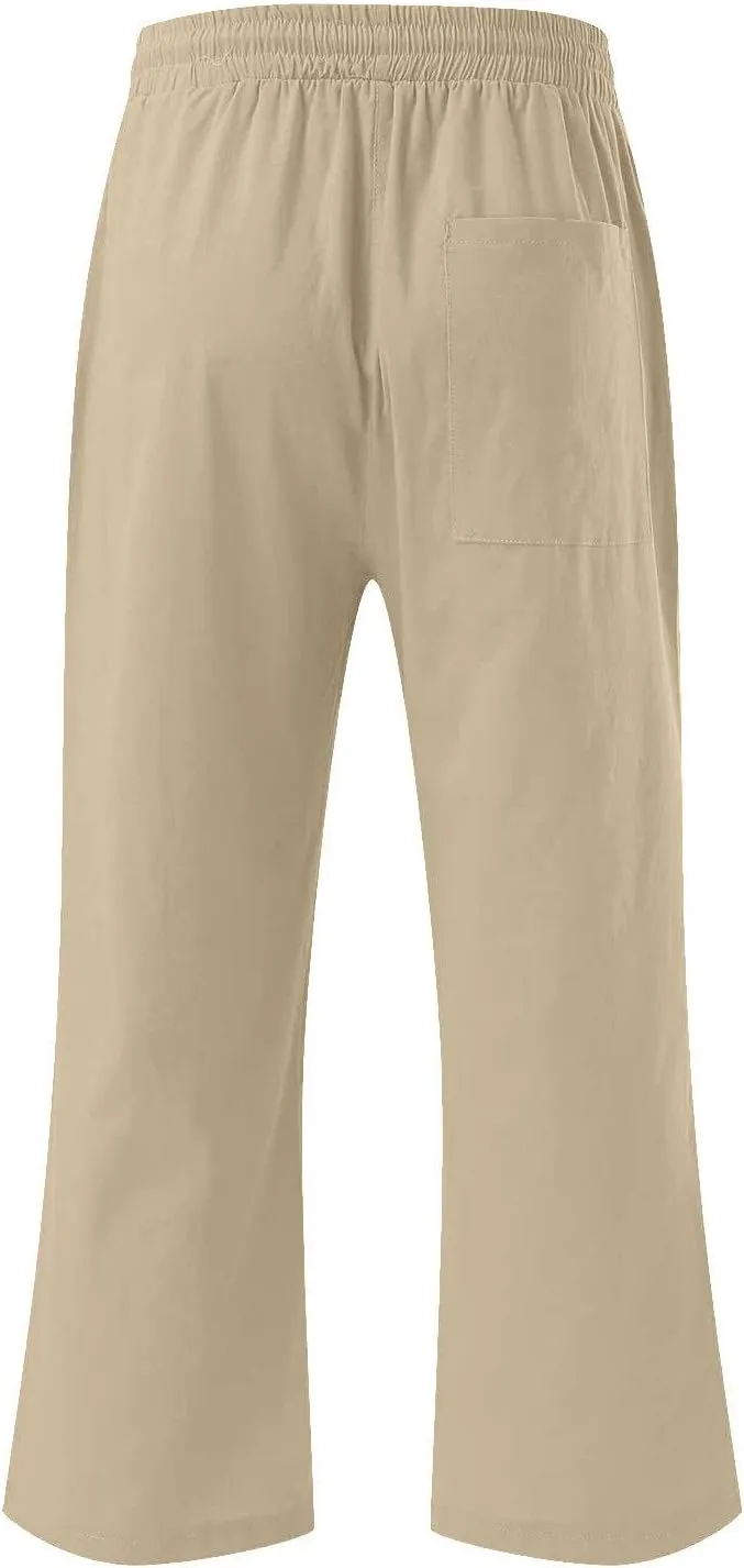 Womens Summer Capri Pants Casual Cotton Linen Tapered High Waist Drawstring Cinch Bottom Loose Trouser with Pockets