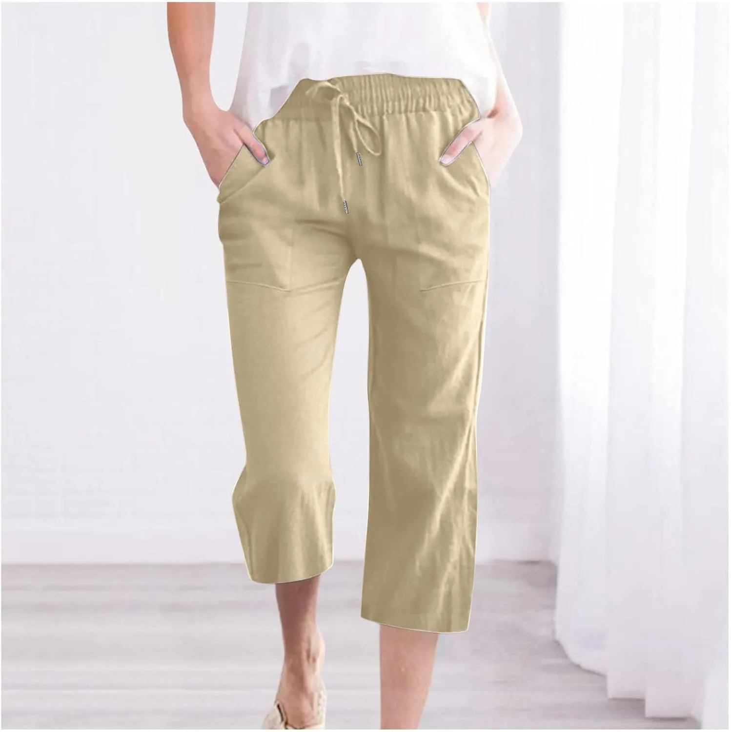 Womens Summer Capri Pants Casual Cotton Linen Tapered High Waist Drawstring Cinch Bottom Loose Trouser with Pockets
