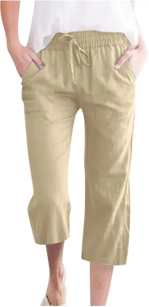 Womens Summer Capri Pants Casual Cotton Linen Tapered High Waist Drawstring Cinch Bottom Loose Trouser with Pockets