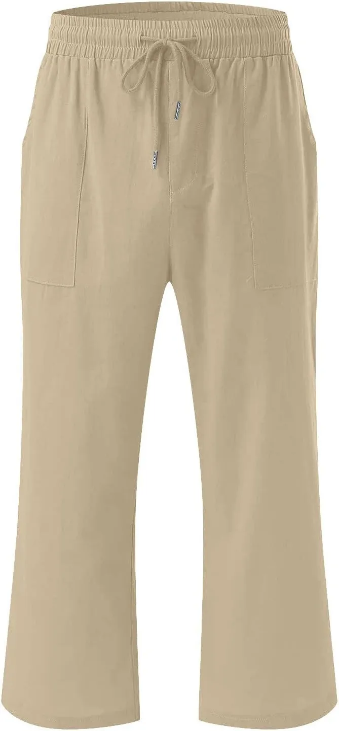 Womens Summer Capri Pants Casual Cotton Linen Tapered High Waist Drawstring Cinch Bottom Loose Trouser with Pockets