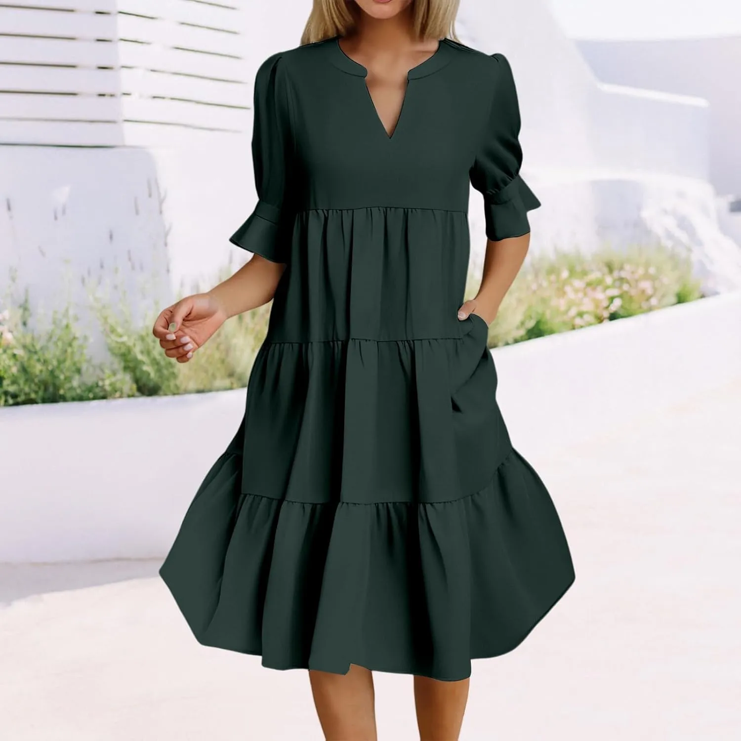 Womens Summer Casual Dress V Neck Short Puff Sleeve Ruffle Tiered Dress Dressy Swing Flowy A-Line Beach Dresses