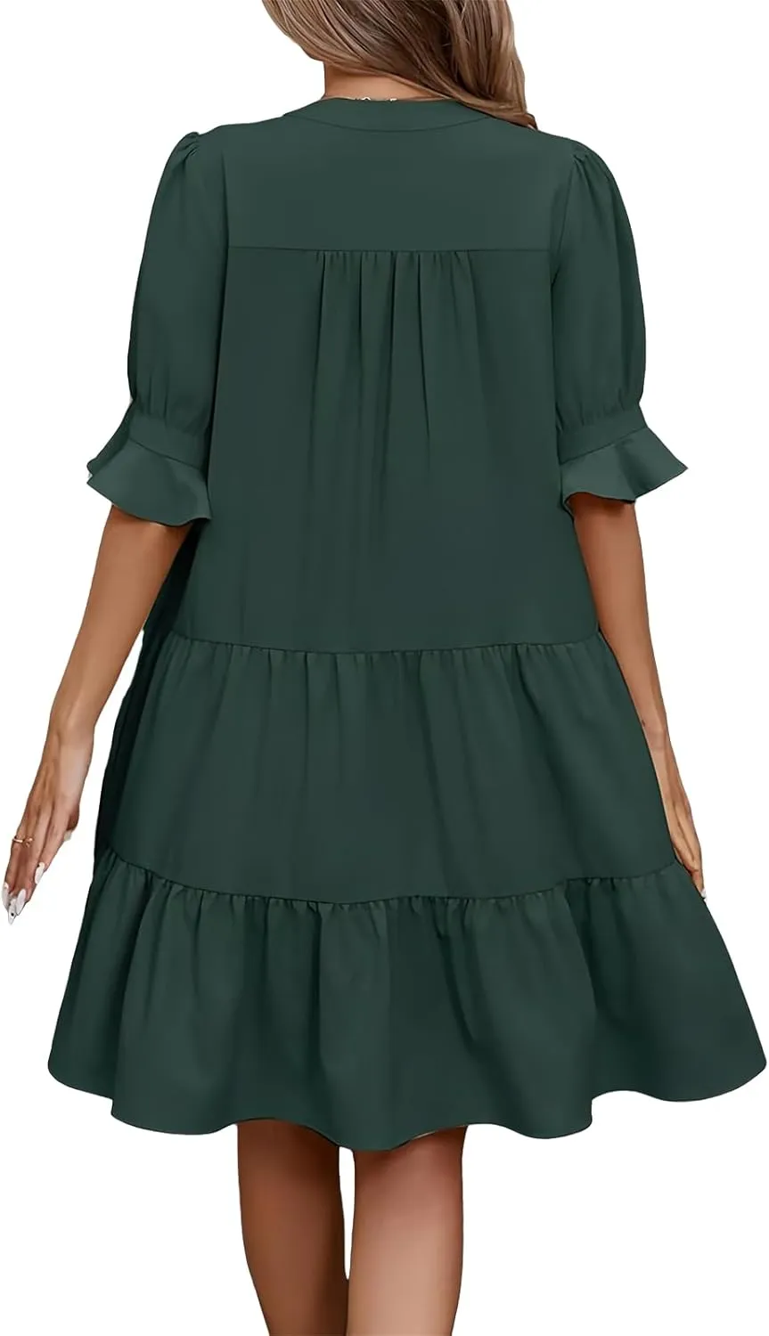 Womens Summer Casual Dress V Neck Short Puff Sleeve Ruffle Tiered Dress Dressy Swing Flowy A-Line Beach Dresses
