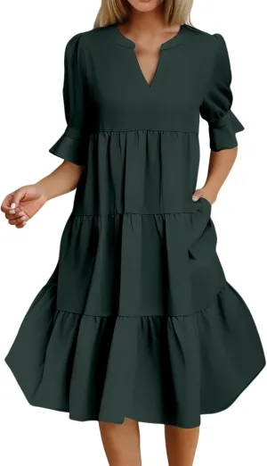 Womens Summer Casual Dress V Neck Short Puff Sleeve Ruffle Tiered Dress Dressy Swing Flowy A-Line Beach Dresses
