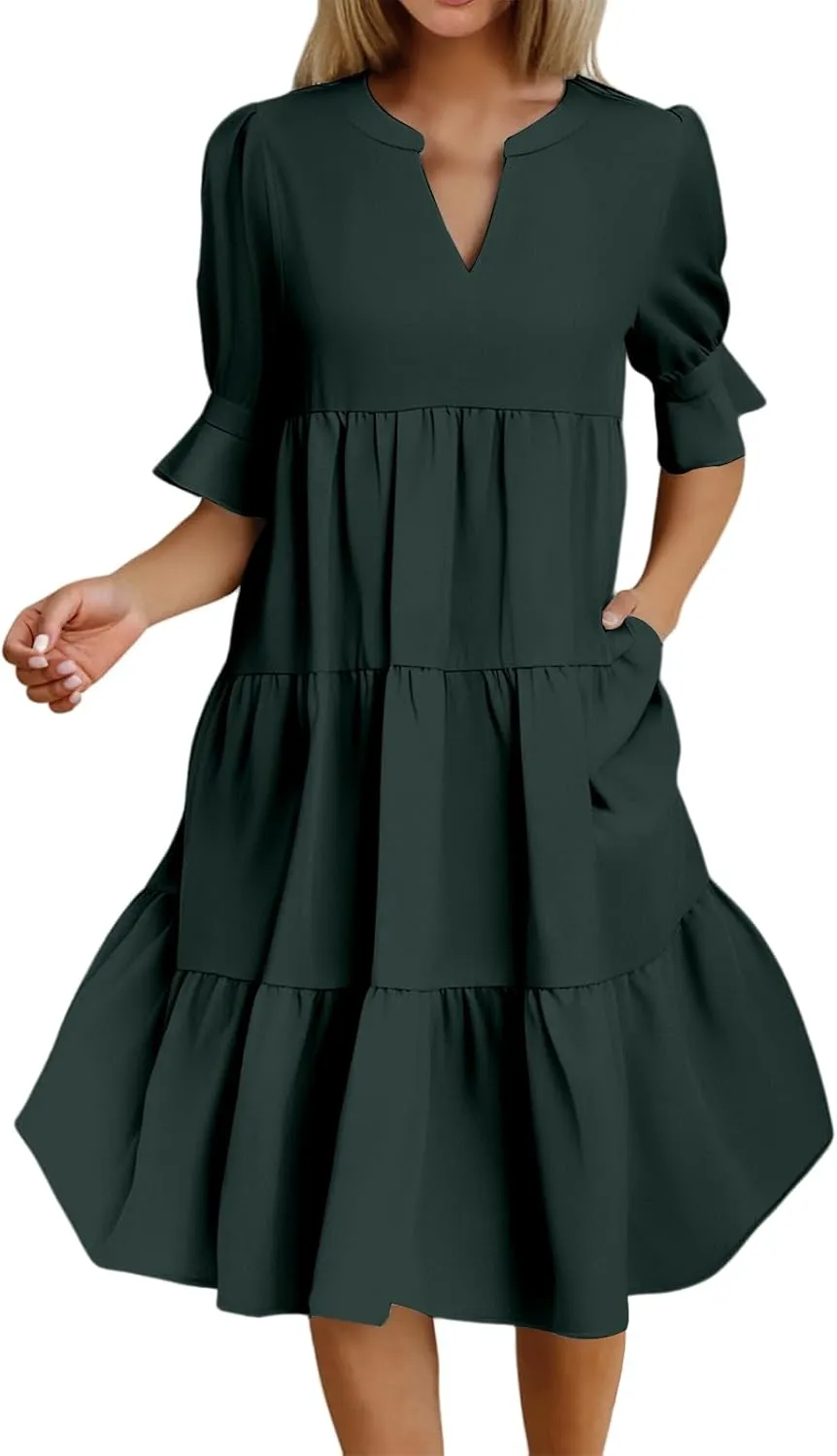 Womens Summer Casual Dress V Neck Short Puff Sleeve Ruffle Tiered Dress Dressy Swing Flowy A-Line Beach Dresses