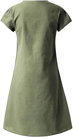 Womens Summer Casual Dress V Neck Short Sleeve Floral Print Boho Tiered Ruffle Maxi Beach Dress with Pockets