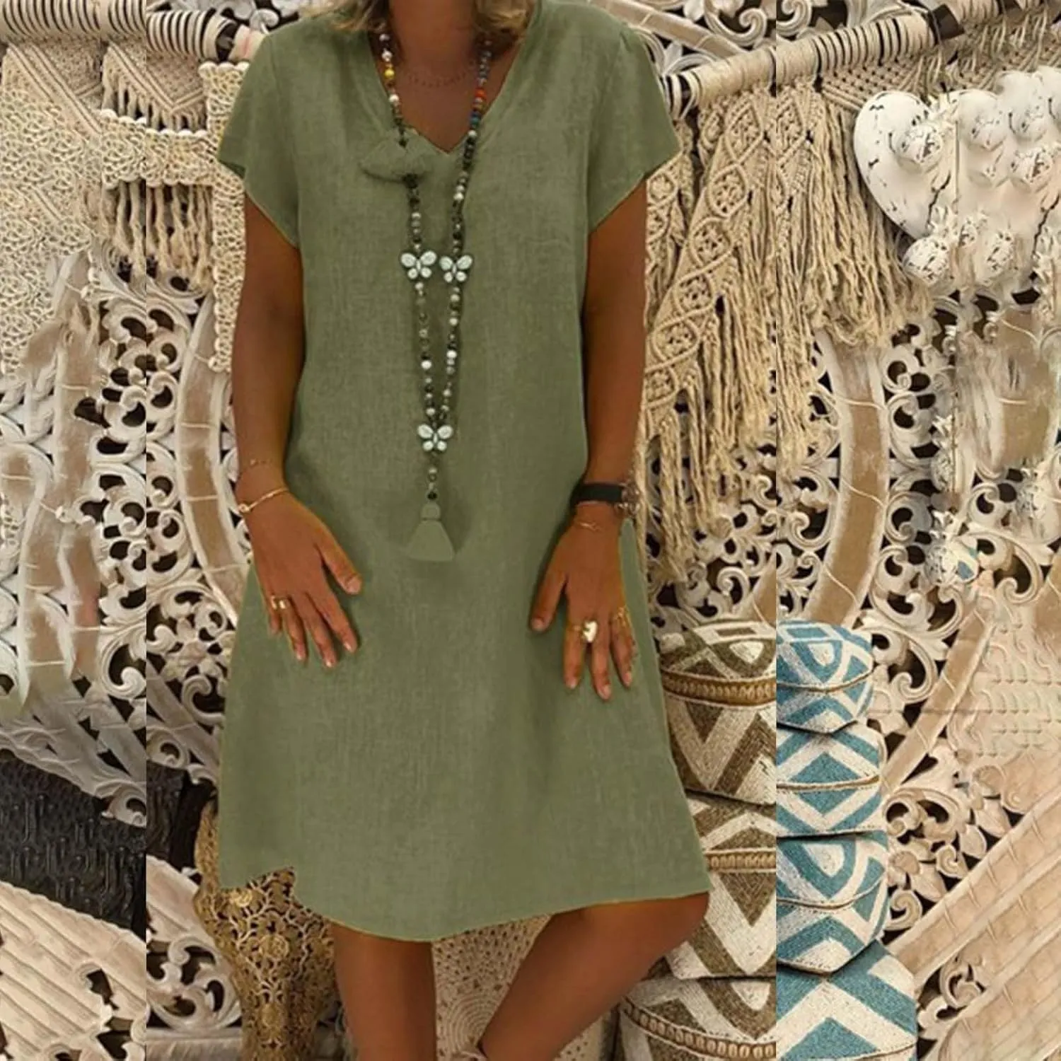 Womens Summer Casual Dress V Neck Short Sleeve Floral Print Boho Tiered Ruffle Maxi Beach Dress with Pockets