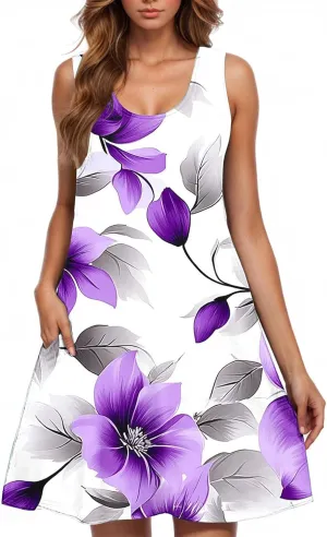 Women's Summer Dress 2025 Sleeveless Coverup Sundresses Floral Mini Casual Flowy Vacation Beach Dress with Pockets