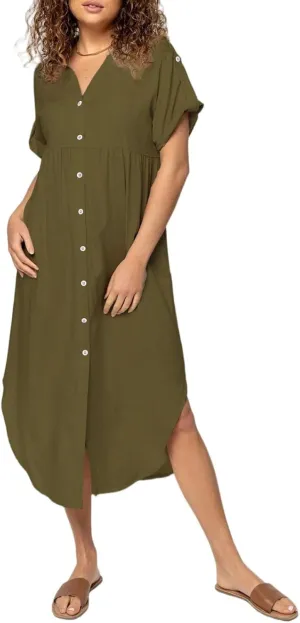 Womens Summer Dresses Lapel V Neck Short Sleeve Midi Dress Button Down Summercasual Loose Fit Shift Tshirt Dress