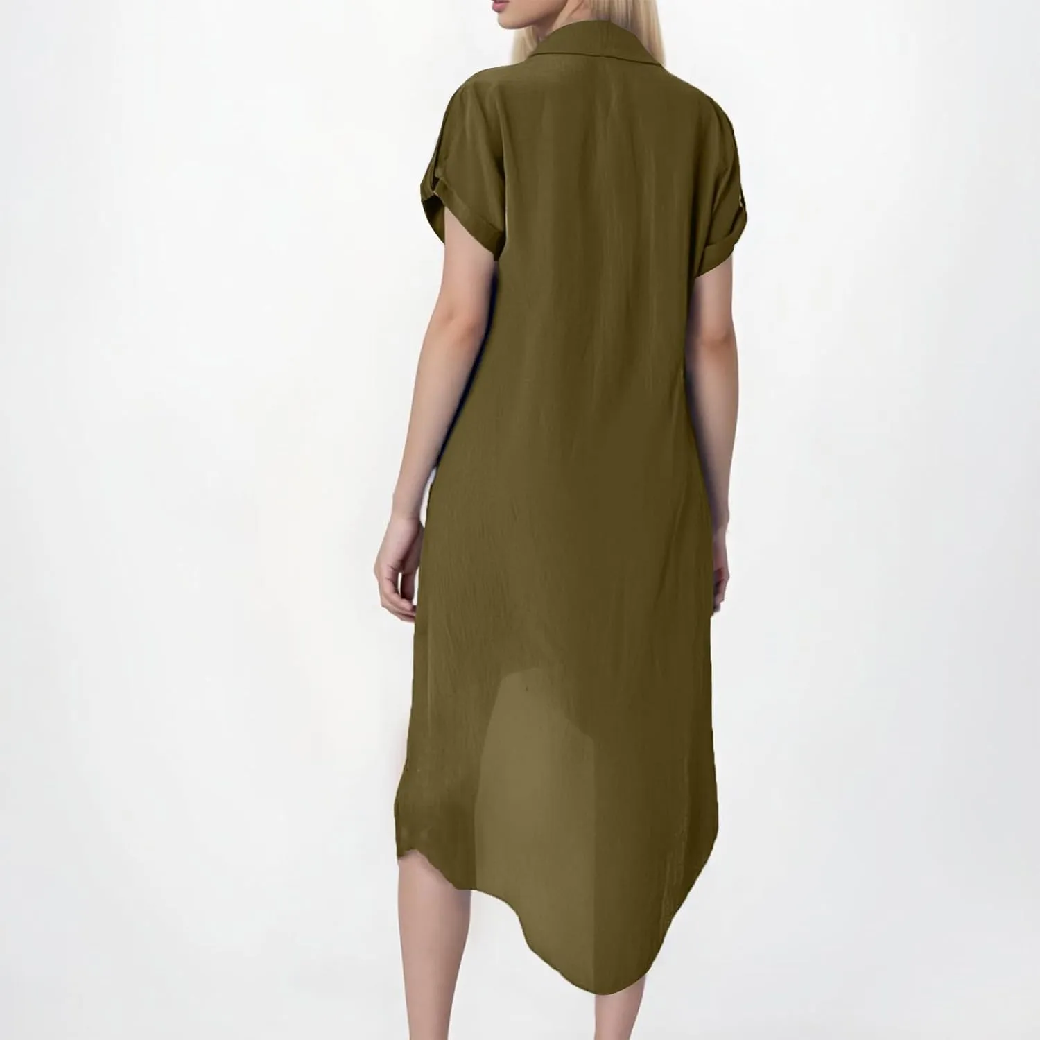 Womens Summer Dresses Lapel V Neck Short Sleeve Midi Dress Button Down Summercasual Loose Fit Shift Tshirt Dress