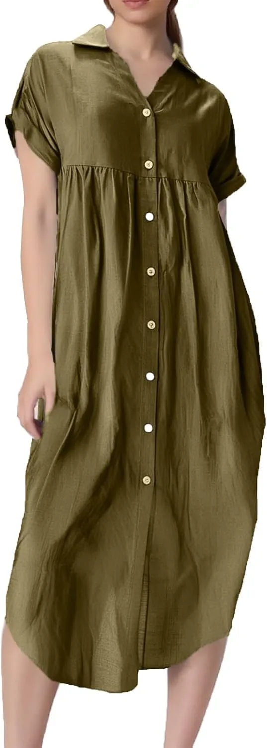 Womens Summer Dresses Lapel V Neck Short Sleeve Midi Dress Button Down Summercasual Loose Fit Shift Tshirt Dress