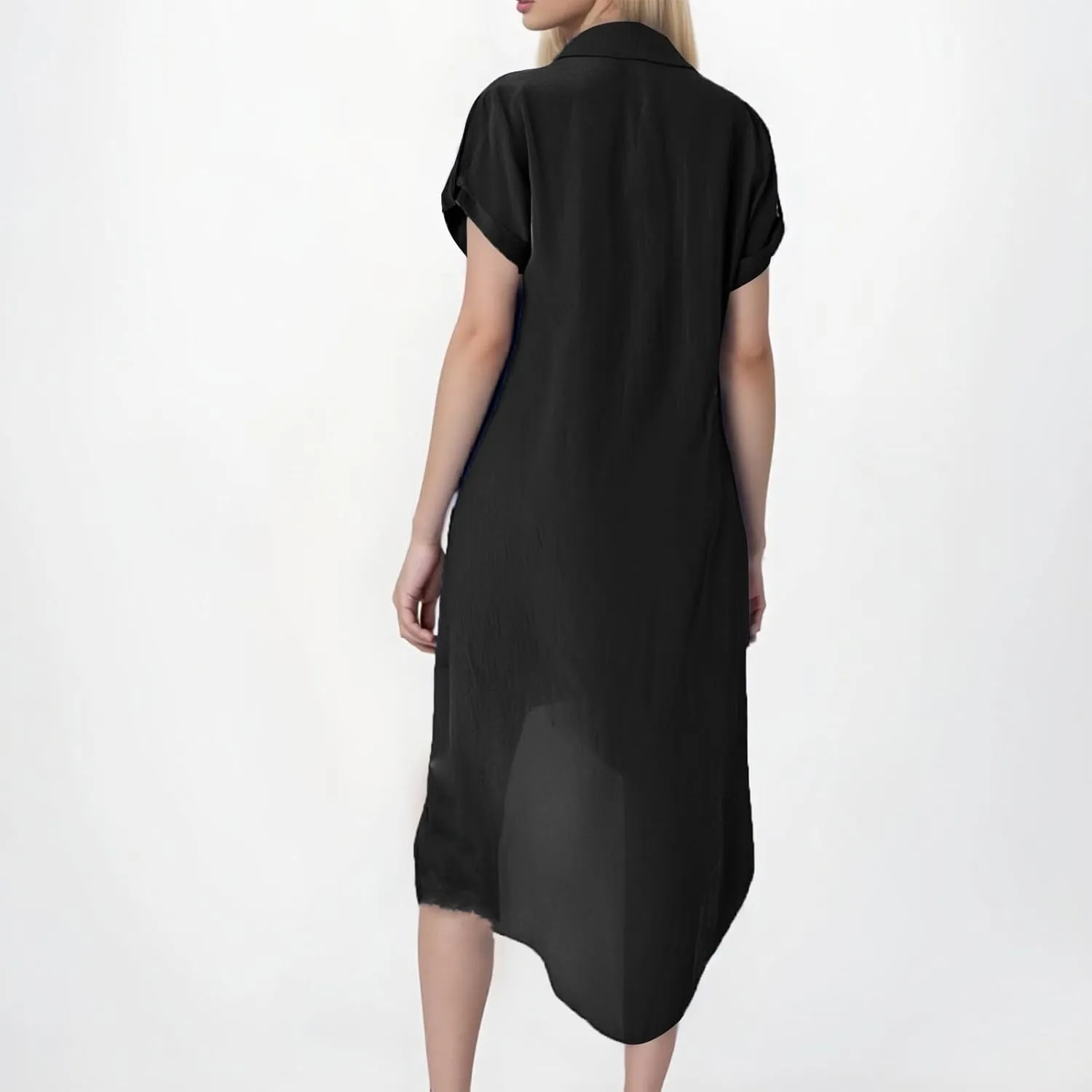 Womens Summer Dresses Lapel V Neck Short Sleeve Midi Dress Button Down Summercasual Loose Fit Shift Tshirt Dress