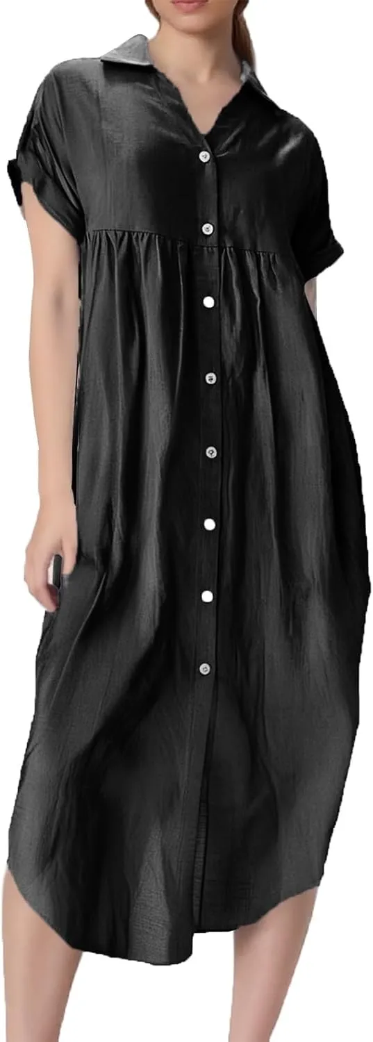 Womens Summer Dresses Lapel V Neck Short Sleeve Midi Dress Button Down Summercasual Loose Fit Shift Tshirt Dress