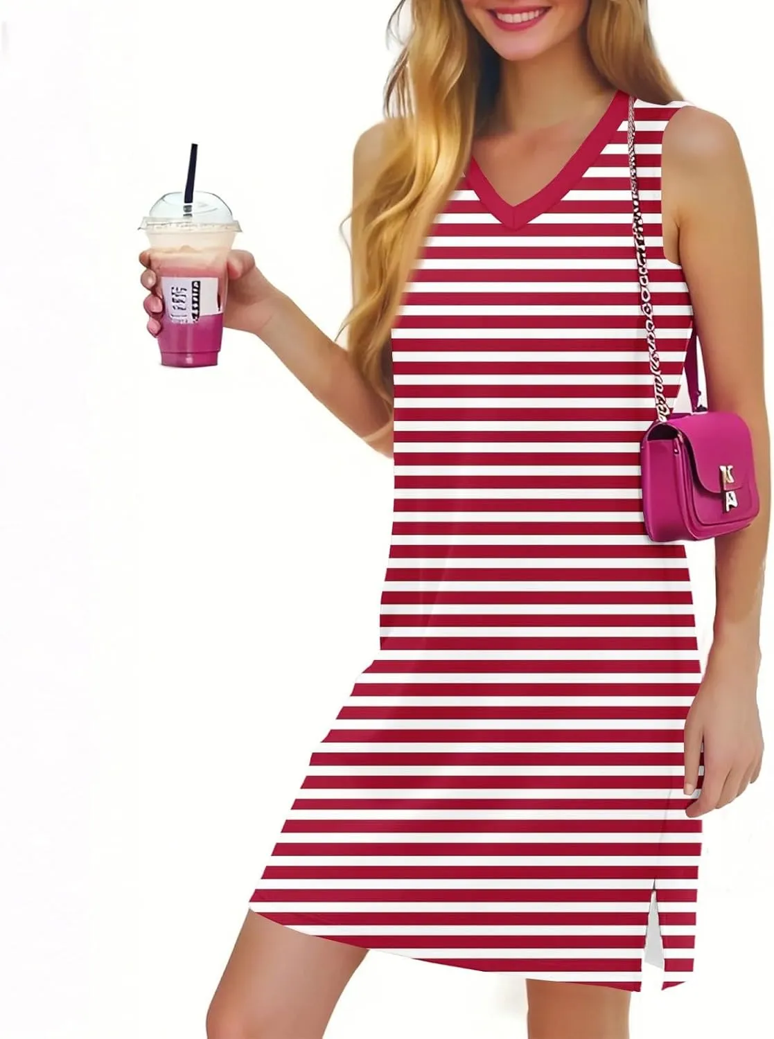 Women's Summer Dresses Striped Print Sleeveless V Neck Tank Dresses Loose Casual Trendy Sundress with Split