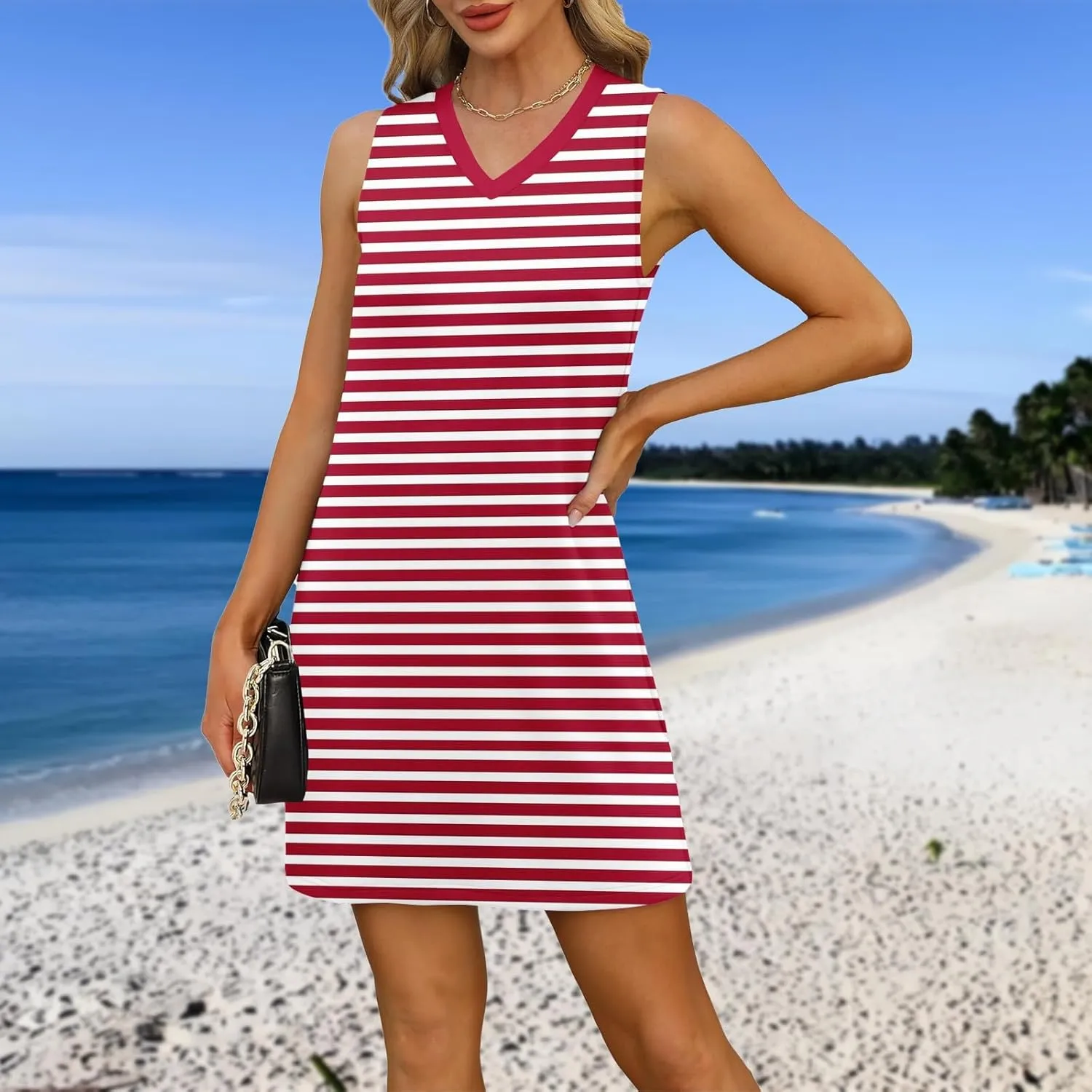 Women's Summer Dresses Striped Print Sleeveless V Neck Tank Dresses Loose Casual Trendy Sundress with Split