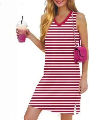 Women's Summer Dresses Striped Print Sleeveless V Neck Tank Dresses Loose Casual Trendy Sundress with Split