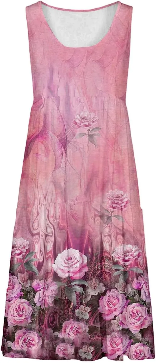 Women's Summer Floral Dresses 2025 Casual Loose Crew Neck Midi Dress Sleeveless Vacation Beach Sundresses