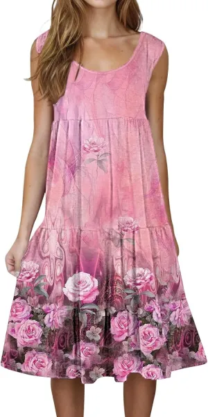 Women's Summer Floral Dresses 2025 Casual Loose Crew Neck Midi Dress Sleeveless Vacation Beach Sundresses