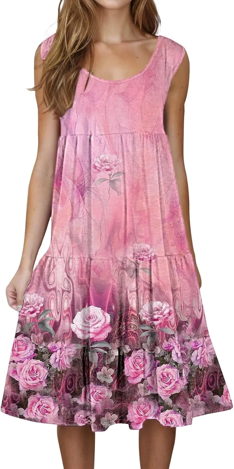 Women's Summer Floral Dresses 2025 Casual Loose Crew Neck Midi Dress Sleeveless Vacation Beach Sundresses
