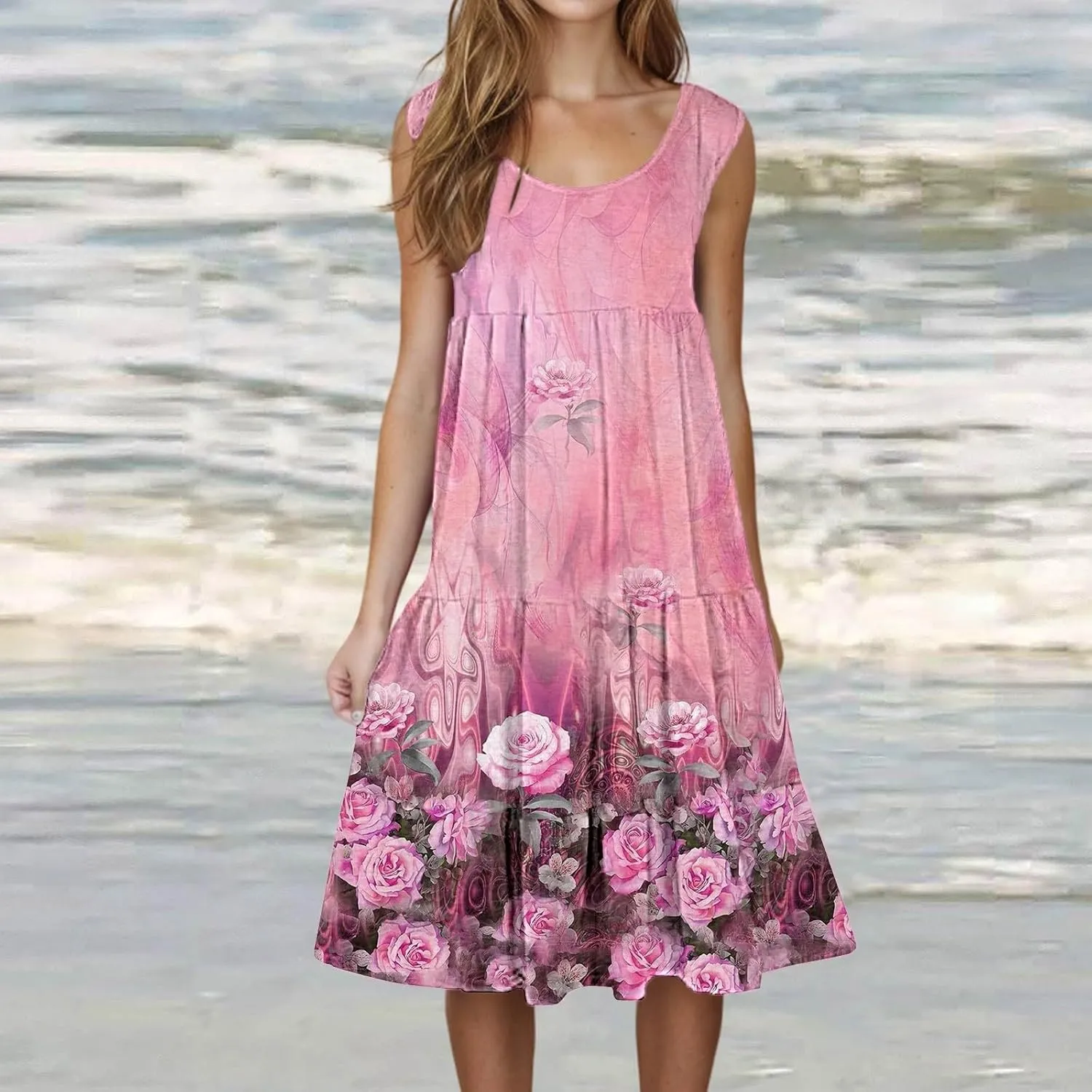 Women's Summer Floral Dresses 2025 Casual Loose Crew Neck Midi Dress Sleeveless Vacation Beach Sundresses